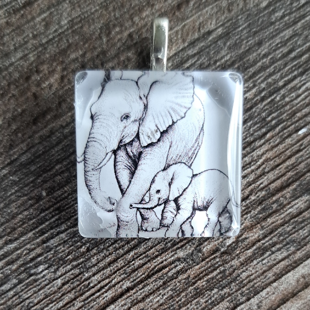 MAKING MORE Hand crafted 1" Glass tile Pendant Elephant Pendant